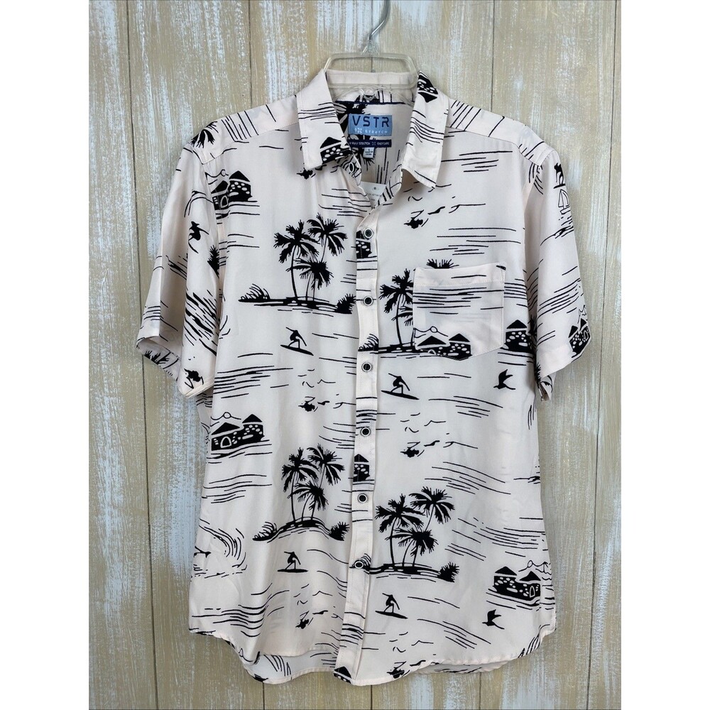 NWT VSTR Mens Shirt Sz L Pink w/ Black Palm Trees Hawaiian Short Sleeves